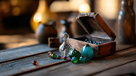 Unique glass trinkets and beads stored in artisan box placed on rustic wooden tableの素材