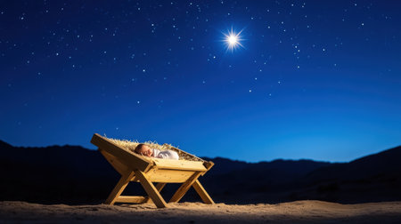 Wooden manger cradling newborn Jesus beneath radiant star in a deep blue night skyの素材