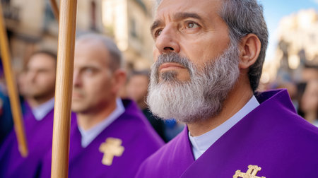 Young and old united in purple robes, holding wooden staffs in a religious ritual through Spanish cityscapeの素材