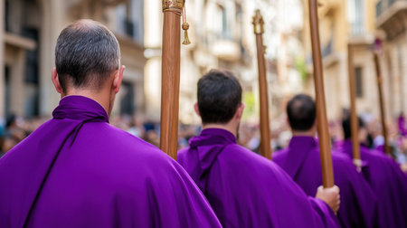 Young and old united in purple robes, holding wooden staffs in a religious ritual through Spanish cityscapeの素材
