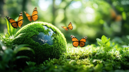 Green-themed serenity with Earth surrounded by dancing butterfliesの素材