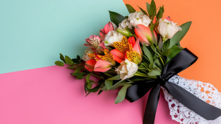 A tender bouquet of alstroemeria in lace wrapping with a bold black ribbon, shot on a pastel backdropの素材
