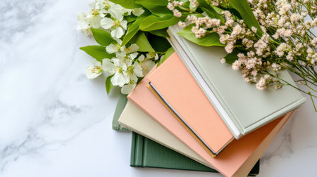 Books layered with sprigs of blush blooms and soft foliage, flat lay styleの素材