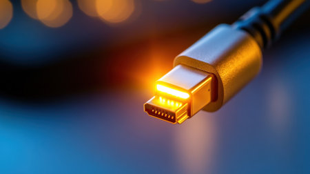 Bright USB Type-C tip glows like a beacon in total darkness, symbolizing future technology and speedの素材