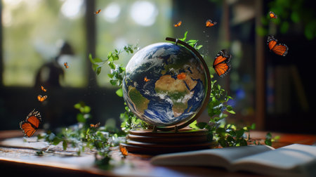 A globe cradled by delicate sprigs and fluttering butterflies, peaceful and inspiringの素材
