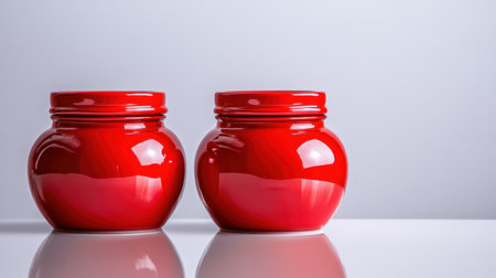 Clean, bold image of three red jars with reflections, perfectly spacedの素材