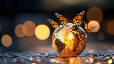 Butterflies resting on a luminous golden Earth globe, promoting peace and global careの素材