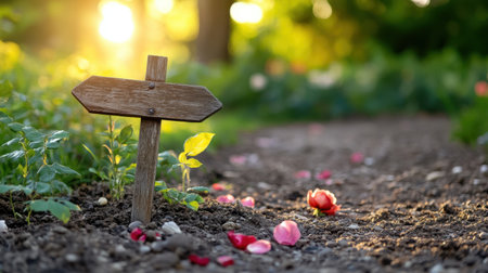 Weathered direction sign nestled in a rose garden path, bathed in golden hour light and surrounded by petalsの素材