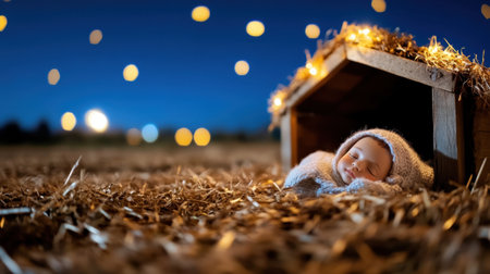 Close-up of Jesus child in wooden manger illuminated by starlight on silent Christmas nightの素材