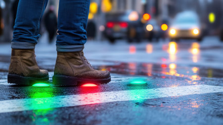 Urban crosswalk light shows green for 2026 and red for 2025, symbolizing change and moving forwardの素材