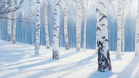 Birch trees with peeling white bark among untouched snow, subtle blue hues in winter lightの素材