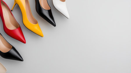 Assorted stylish high heels arranged on smooth grey background, fashion shotの素材