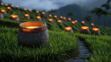 Baskets of rice glowing in soft sunrise light among lush, stepped terracesの素材