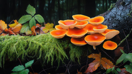 Bright fungi growing wild in a dense forest, framed by rich moss and fallen autumn leavesの素材