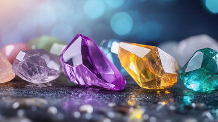 Artistic layout of colorful gemstones with dazzling reflections and soft backgroundの素材