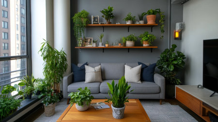Bright living room with contemporary grey sofas, eco-friendly decor, shelves, and thriving green plantsの素材