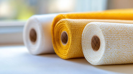 Close-up of decorative fabric rolls in cream and yellow shades, ideal for interior designの素材