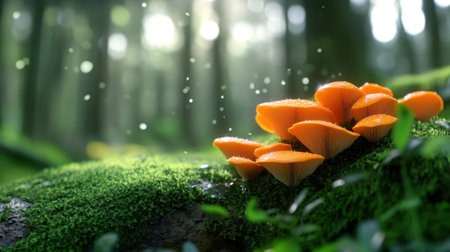 Bright orange mushrooms growing in a damp green forest with moss and soft light peeking throughの素材