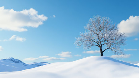 Bare frosted tree on snowy hilltop with clean white snow and bright sky backdropの素材