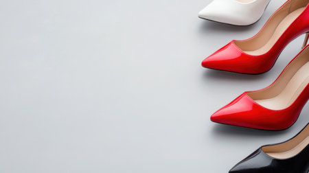 Different elegant high heels displayed on clean grey surfaceの素材