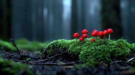 Bright toadstools popping against a dark, moist forest floor covered in moss and twigsの素材