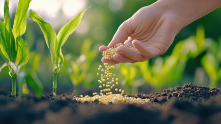 Early morning gardening, hand dropping corn seed into fresh soilの素材