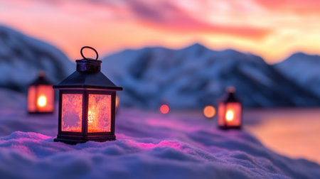 Close-up of glowing lanterns on snowdrifts, golden-pink hues of the sunset illuminating the sceneの素材