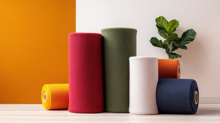 Colorful textile rolls with homey texture, styled in cozy warm shadesの素材