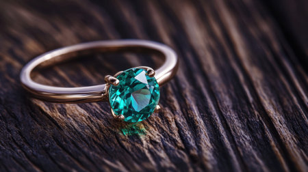 Close-up of a teal gemstone ring on dark, textured wood with moody shadows and highlightsの素材