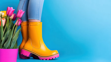 Colorful gumboots and tulip bouquet with woman legs on vibrant blue backgroundの素材
