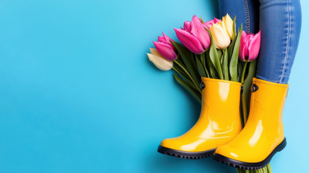 Colorful gumboots and tulip bouquet with woman legs on vibrant blue backgroundの素材