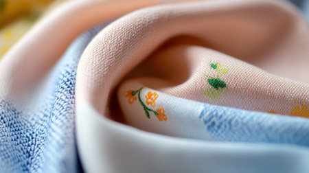 Close-up of textured pastel fabric with dainty floral prints for sewing and design mood boardsの素材