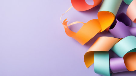 Creative flat lay of colorful curled papers on lavender background for abstract conceptsの素材
