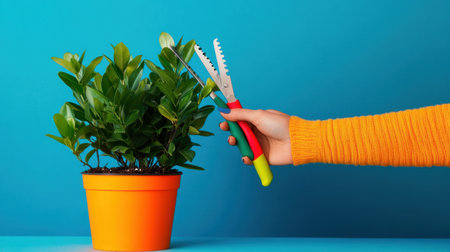 Female hands tending to green houseplant with colorful gardening toolsの素材
