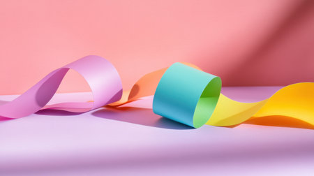 Colorful paper curls in pastel tones with soft shadows for sleek creative conceptsの素材
