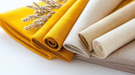 Decorative fabric bundles in light yellow and beige shades for creative layoutの素材