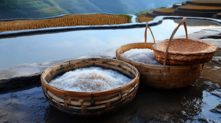 Early morning light washing over Asian rice terraces and full harvest basketsの素材