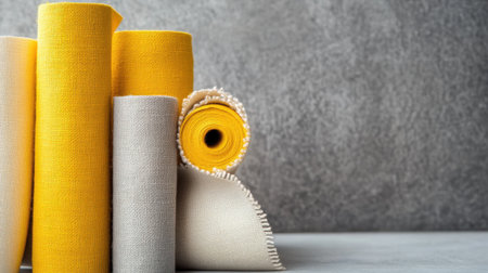 Elegant display of yellow-toned fabric rolls on neutral textured surface for decor themesの素材