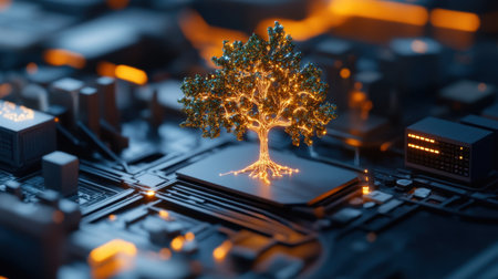 Digital tree with glowing branches growing over a modern city model, illustrating tech evolutionの素材