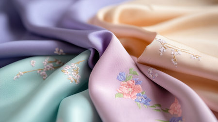 Elegant pastel fabrics draped with subtle flower patterns, perfect for crafting and interior inspirationの素材