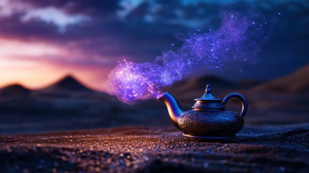 Fantasy scene of lamp with sparkling magic smoke in nighttime desertの素材