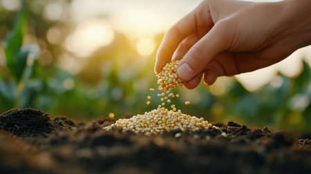 Early morning gardening, hand dropping corn seed into fresh soilの素材
