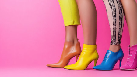 Fashionable women wearing trendy shoes on bright pink backgroundの素材