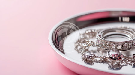 Elegant tray filled with sparkling silver jewelry on soft pink backgroundの素材