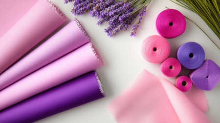 Flat lay of pink and lavender floral fabrics arranged in a designer workspace for DIY projectsの素材