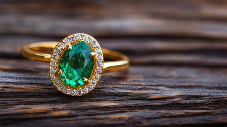 Faceted emerald and small diamonds in a gold setting, displayed on rich wood textureの素材