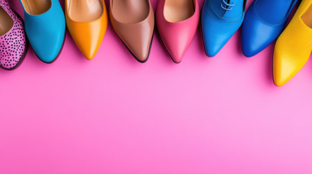 Fashionable footwear collection displayed on vivid pink surfaceの素材