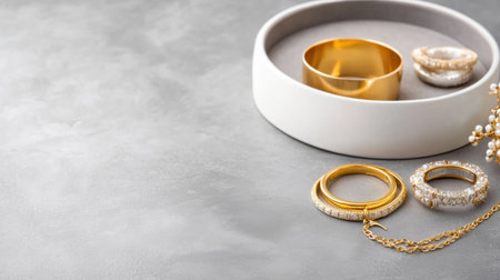 Glamorous gold jewelry placed in chic organizer over elegant grey backdropの素材