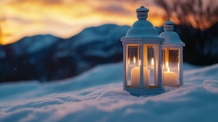 Flickering candles in vintage white lanterns nestled in fresh snow during a vibrant winter sunsetの素材