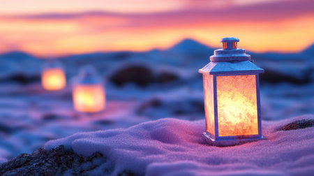 Glowing white metal lanterns casting warm light on snowy ground at dusk, with orange and pink skyの素材